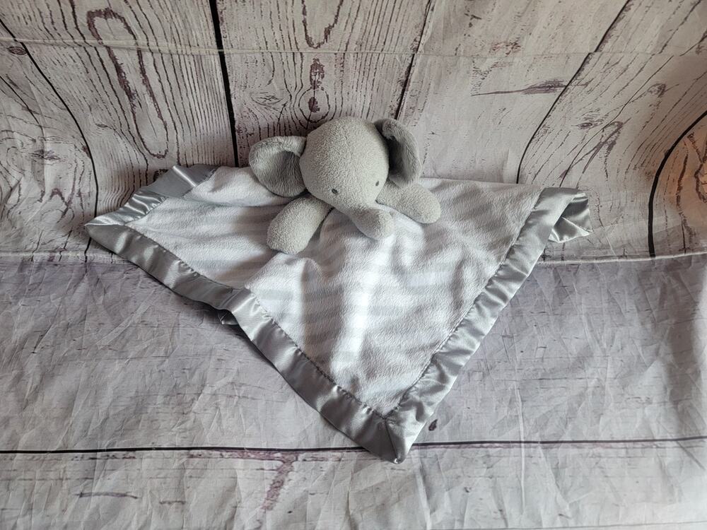 Cloud Island Grey Elephant Security Baby Blanket Lovey Satin Trim Striped Read
